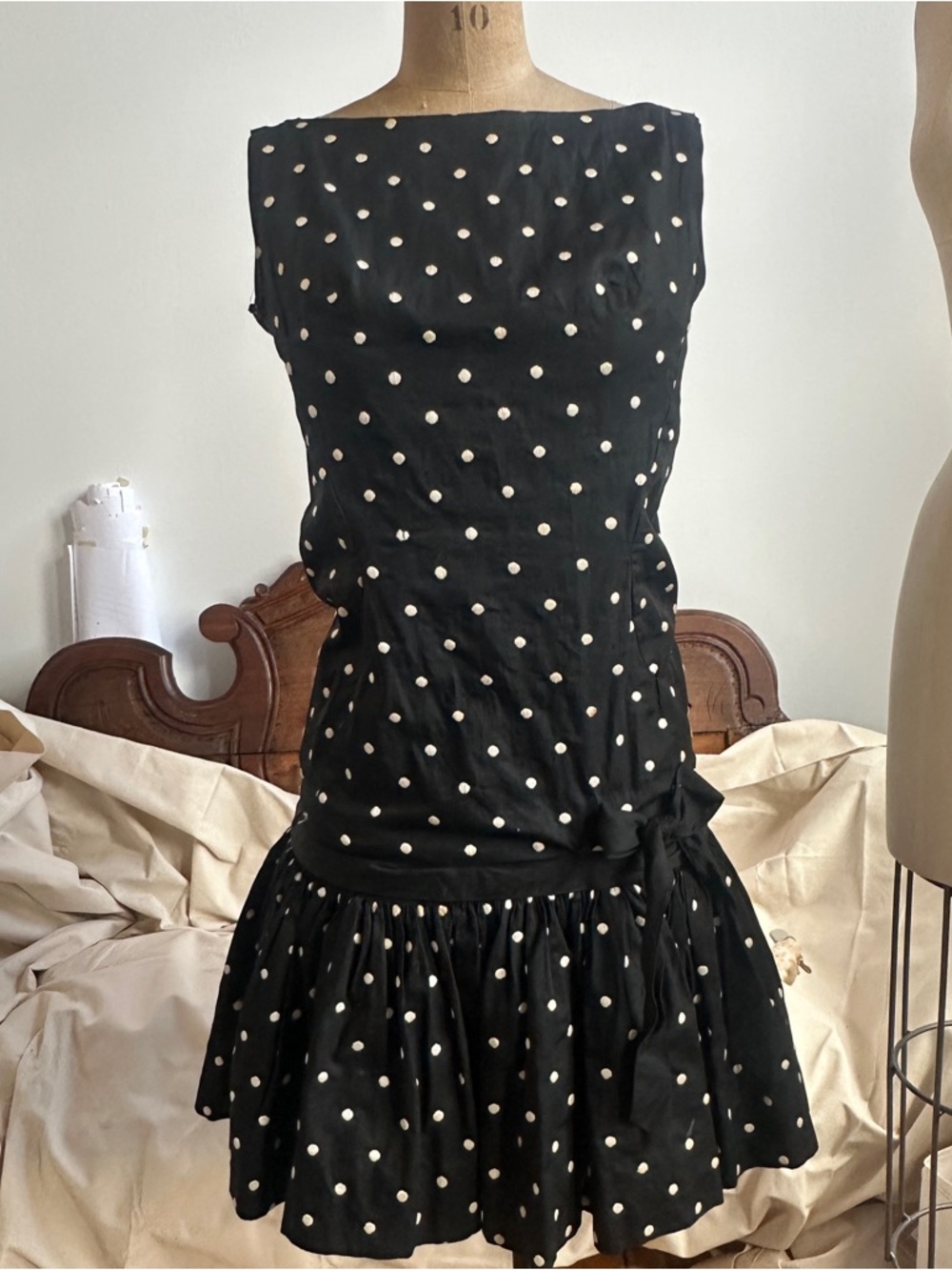1950s True Vintage Black Polka Dot Drop-Waist Cocktail Dress